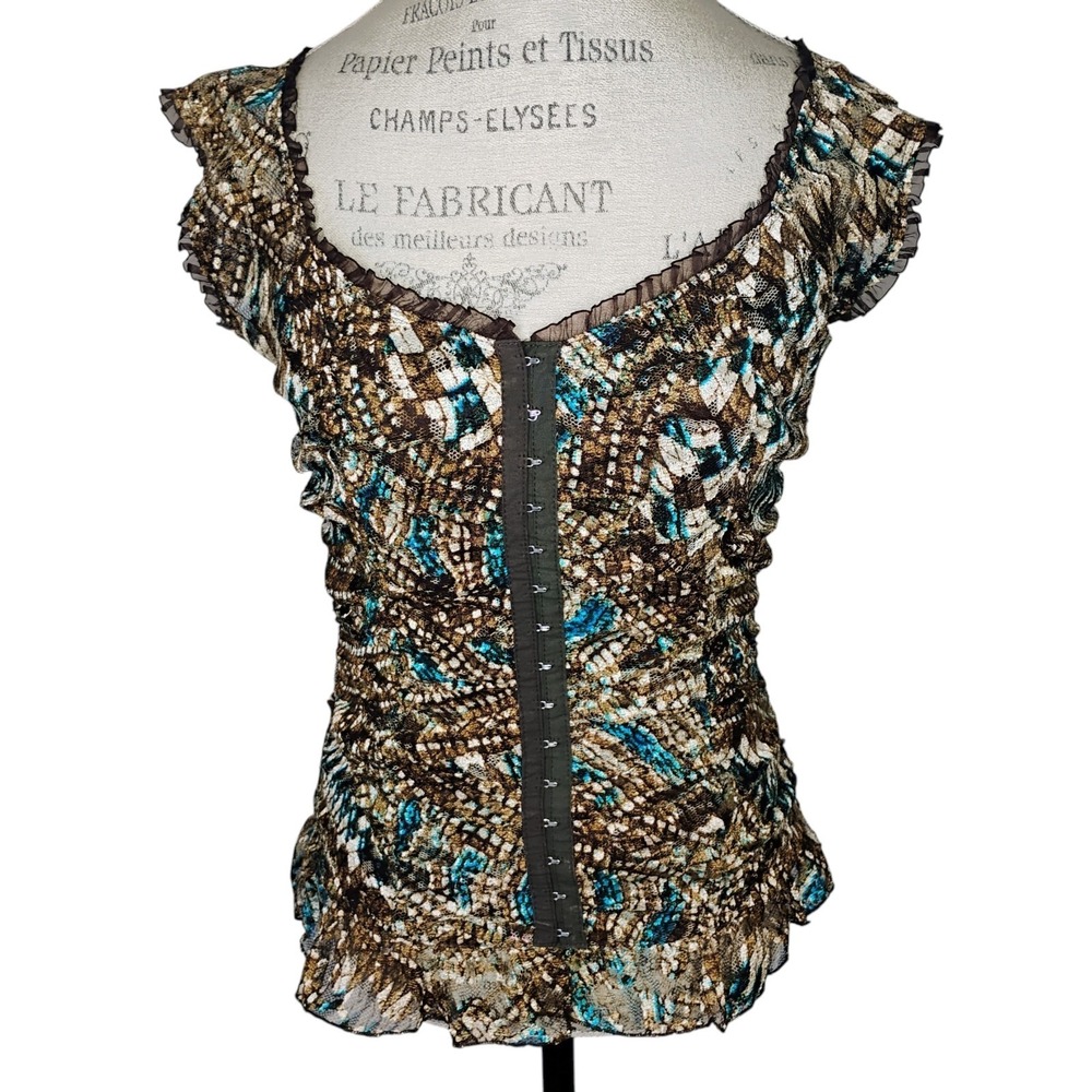 Vintage Dressbarn Corset Top Womens Medium Brown Mesh Ruffle Sheer Fairy Grunge